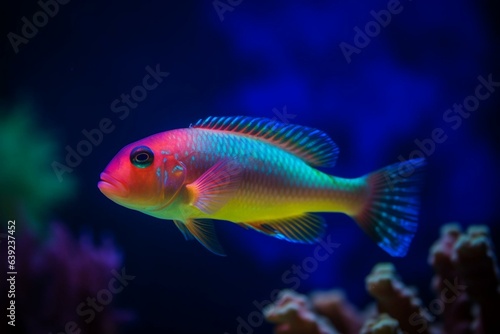 A fish swims near corals and algae, with a blue background and colorful glow. Keywords: fish, swimming, water, corals, algae, blue, yellow glow, red glow. Generative AI © Cressida