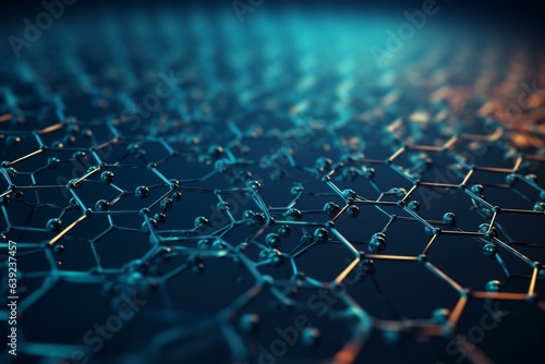 Connected honeycomb hexagonal nano grid forming a molecular network in cyberspace. Illustration of particle field embodying nanotechnology and big data. Generative AI