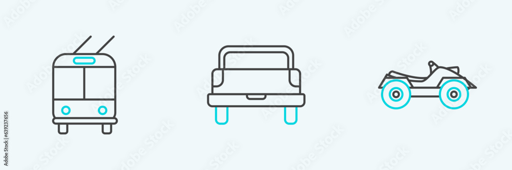 Set line All Terrain Vehicle or ATV motorcycle, Trolleybus and Pickup truck icon. Vector Set line All Terrain Vehicle or ATV motorcycle, Trolleybus and Pickup truck icon. Vector