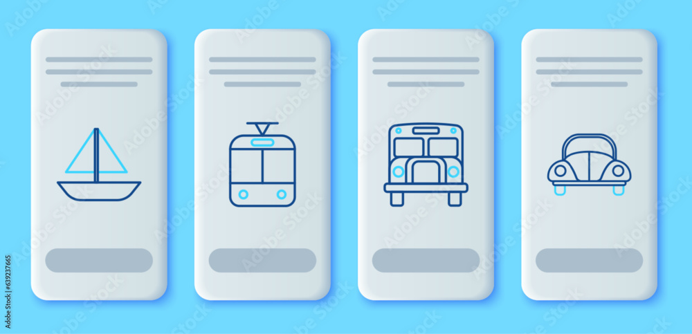 Set line Tram and railway, School Bus, Yacht sailboat or sailing ship and Car icon. Vector
