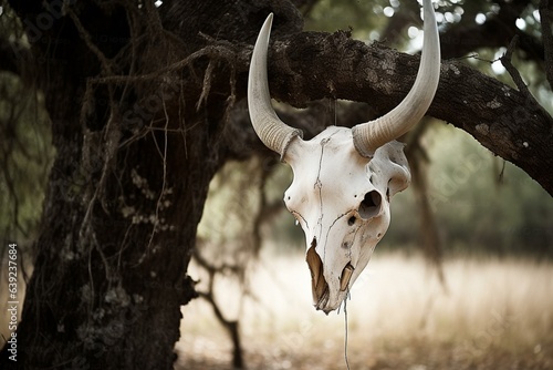 cow skull hanging from tree. Generative AI