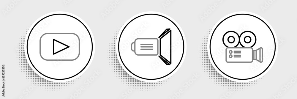 Set line Cinema camera, Play and Movie spotlight icon. Vector Set line Cinema camera, Play and Movie spotlight icon. Vector