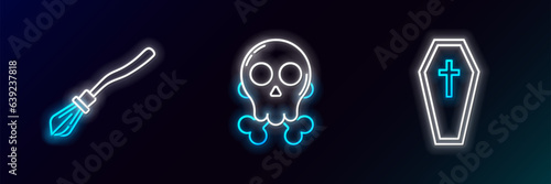 Set line Coffin with christian cross, Witches broom and Skull on crossbones icon. Glowing neon. Vector