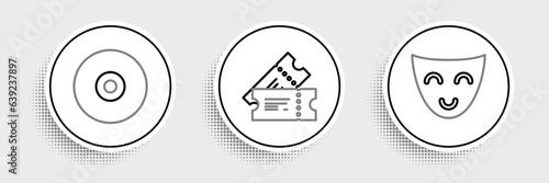 Set line Comedy theatrical mask, CD or DVD disk and Cinema ticket icon. Vector