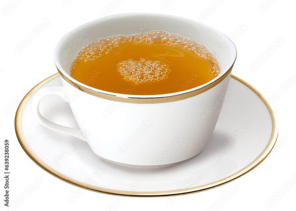 Xícara de porcelana branca com chá de ervas isolado em fundo transparente - chá de camomila Xícara de porcelana branca com chá de ervas isolado em fundo transparente - chá de camomila