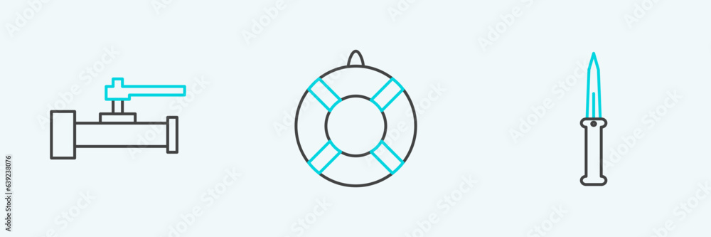 Set line Army knife, Industry metallic pipes and valve and Lifebuoy icon. Vector Set line Army knife, Industry metallic pipes and valve and Lifebuoy icon. Vector