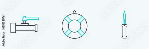 Set line Army knife, Industry metallic pipes and valve and Lifebuoy icon. Vector