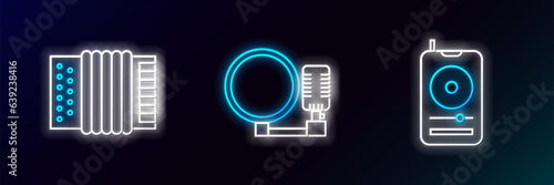 Set line Music player, Musical instrument accordion and Microphone icon. Glowing neon. Vector