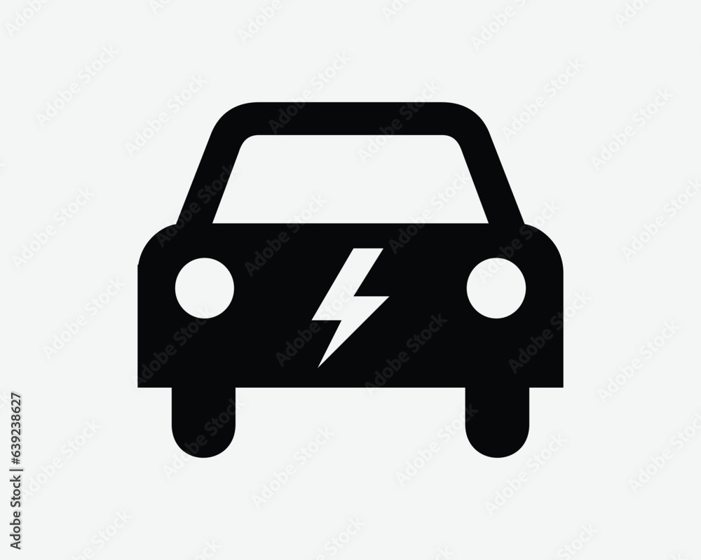 EV Car Icon Electric Vehicle Electrical Automobile Green Eco Friendly Battery Hybrid Technology Tech Black White Outline Shape Vector Sign Symbol