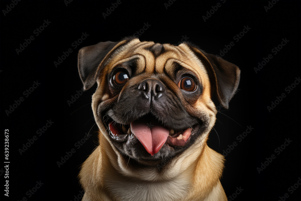 a smiling pug on isolate dark background