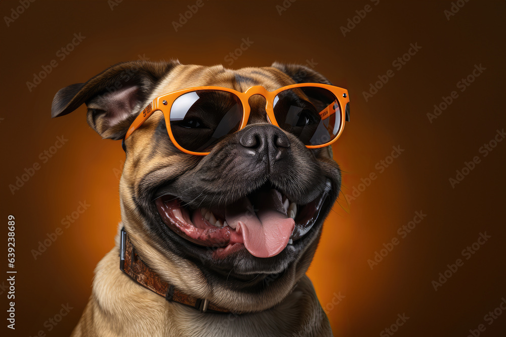 a smiling pug wearing sunglasses standing on isolate dark  background