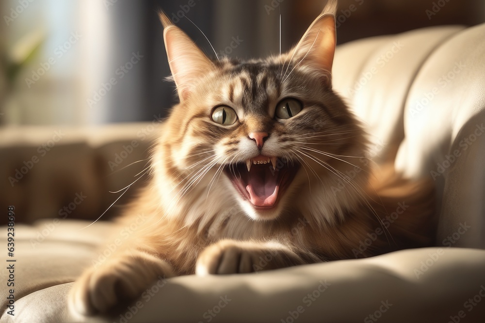 close up portrait of an angry cat on couch