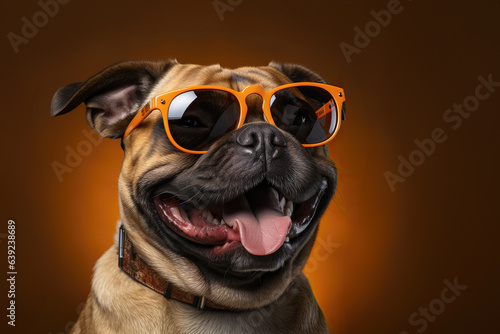 a smiling pug wearing sunglasses standing on isolate dark  background © sakepaint