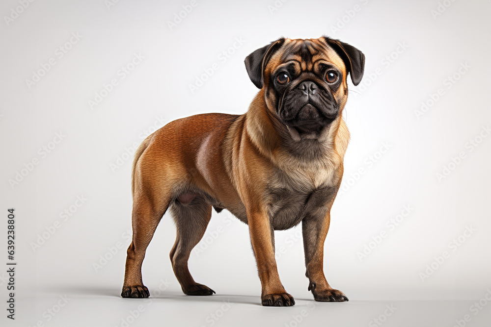 a smiling pug jumping on isolate white background