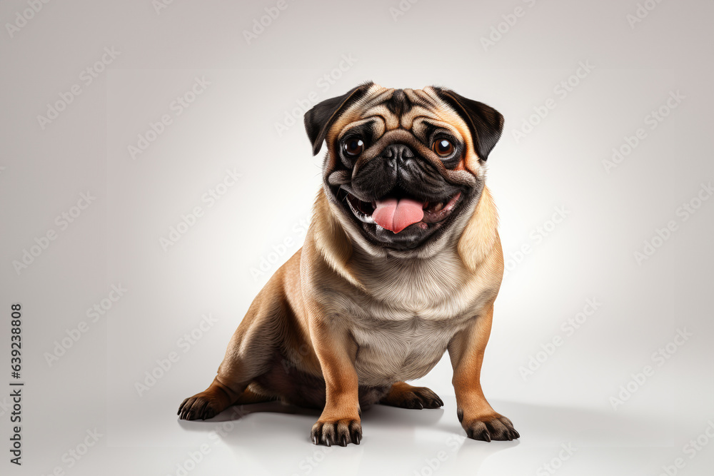 a smiling pug jumping on isolate white background