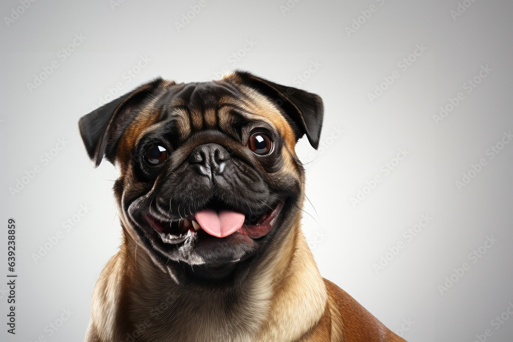a smiling pug jumping on isolate white background