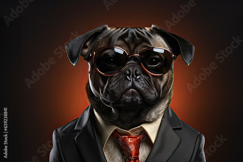 a smiling pug wearing business suit, standing on isolate dark background, sunglasses © sakepaint