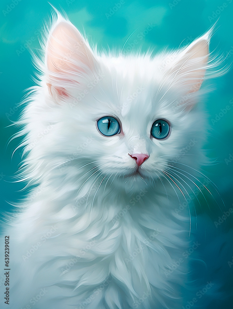 Portrait of a white cat with blue eyes on a blue background