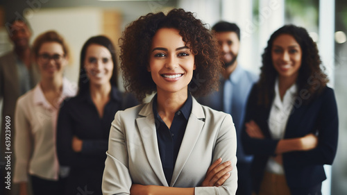 Portrait of smiling businesswoman with her team in background at office. Ai render. © writerfantast