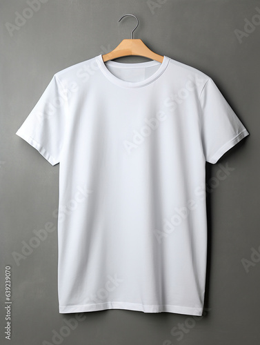 White t-shirt on wooden hanger on gray background. Mockup for design