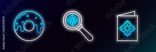 Set line Christmas postcard, Donut with sweet glaze and Magnifying glass snowflake icon. Glowing neon. Vector