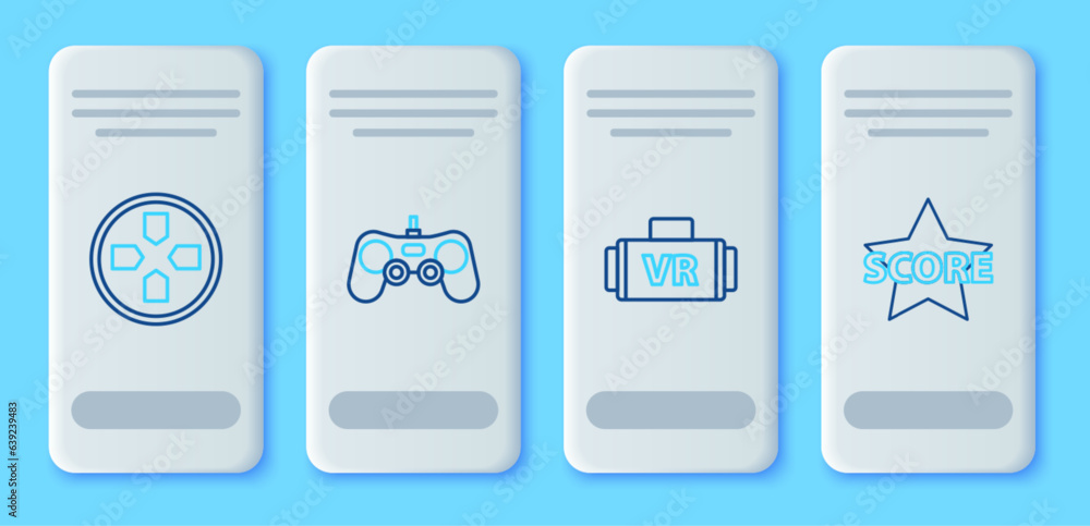 Set line Gamepad, Virtual reality glasses, and Star icon. Vector