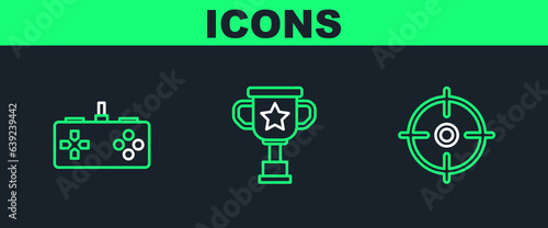Set line Target sport, Gamepad and Award cup icon. Vector