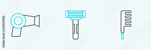 Set line Hairbrush, dryer and Shaving razor icon. Vector