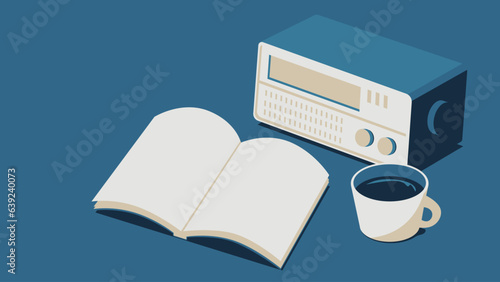 Illustration of retro radio, coffee and book.