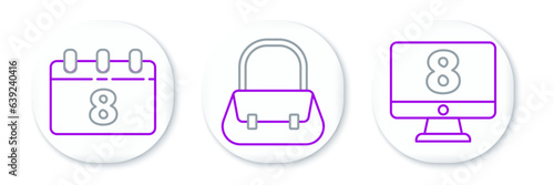 Set line 8 March on monitore, Calendar with and Handbag icon. Vector