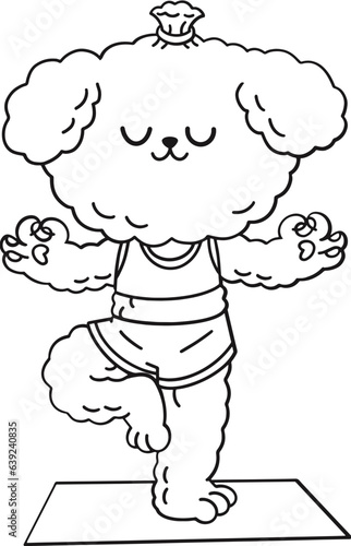 Cute poodle dog do yoga, kids coloring page