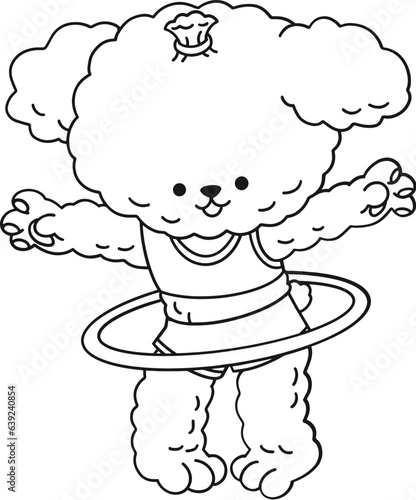 Cute poodle dog playing hulahoop, kids coloring page