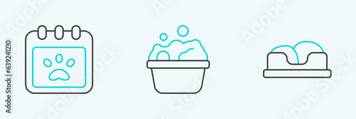 Set line Pet bed, Calendar grooming and Pets bath icon. Vector