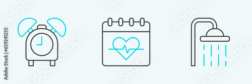 Set line Shower head, Alarm clock and Heart rate icon. Vector