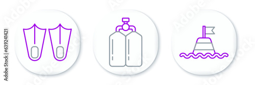 Set line Floating buoy on the sea, Rubber flippers and Aqualung icon. Vector