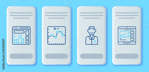Set line Browser with growth graph, Trader, Website and Trading courses icon. Vector