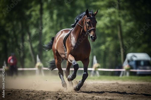 A bay horse gallops in an outdoor arena at equestrian competitions. Generative AI