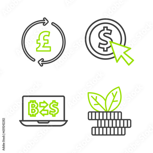 Set line Dollar plant, Cryptocurrency exchange, Coin money with dollar and pound icon. Vector