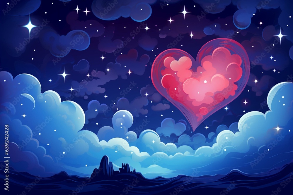 Romantic Valentine's Day scene: heart, stars, clouds and a night sky. Generative AI
