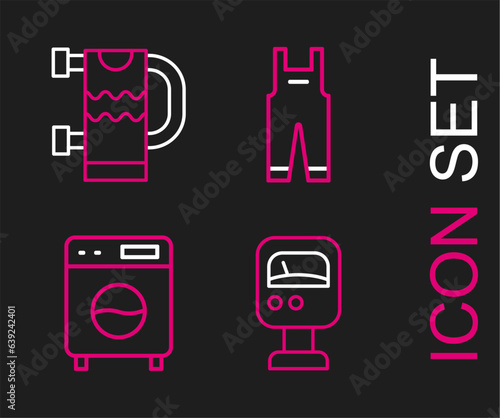 Set line Pressure water meter, Washer, Work overalls and Heated towel rail icon. Vector