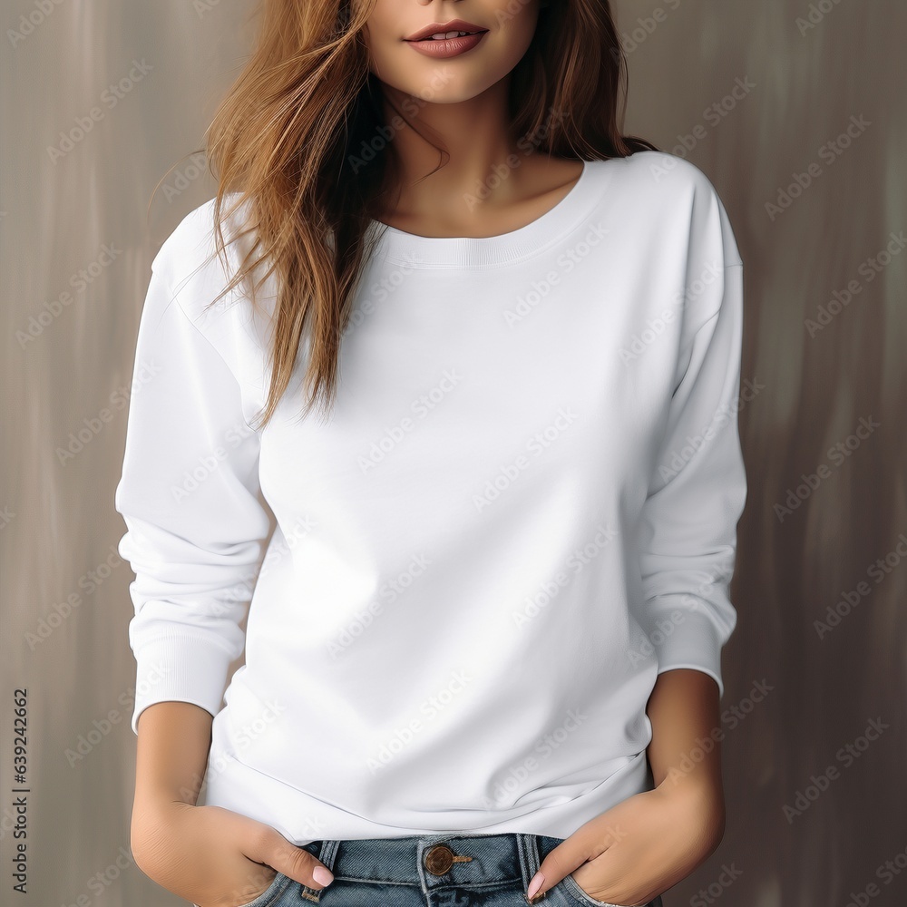 Fototapeta premium close up of female wearing white sweatshirt on wood effect background for mock up