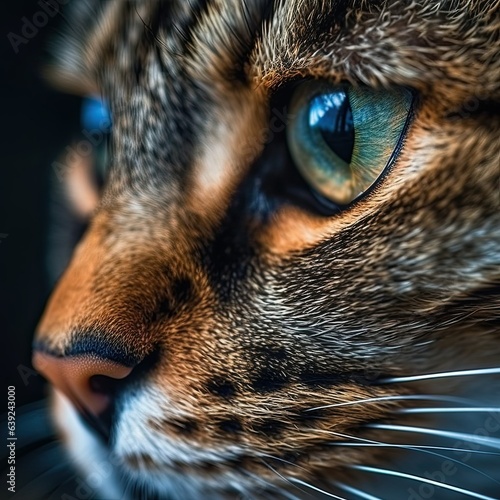 Tabby cat looking up at the camera in closeup shot. Generative AI