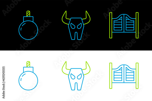 Set line Saloon door, Bomb ready to explode and Buffalo skull icon. Vector