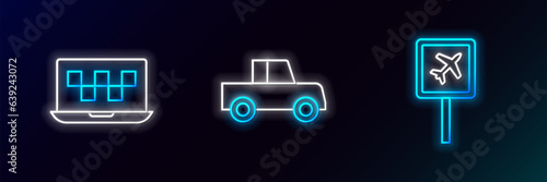 Set line Airport, Laptop call taxi service and Car icon. Glowing neon. Vector
