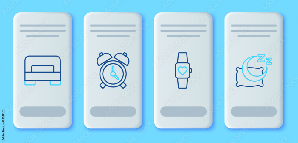 Set line Alarm clock, Smart watch, Big bed and Time to sleep icon. Vector