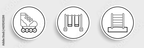 Set line Swedish wall, Roller skate and Double swing icon. Vector