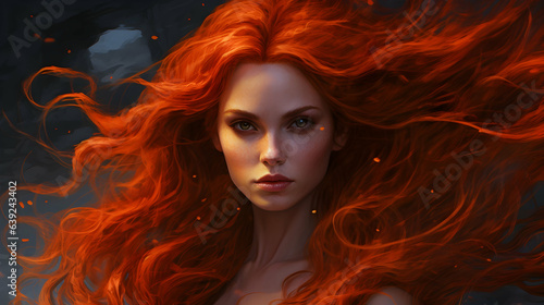 Beautiful red hair girl portrait, fiery hair