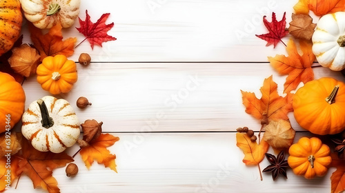 Festive thanksgiving decor of pumpkins  berries and leaves on a light wooden background with copy space for text