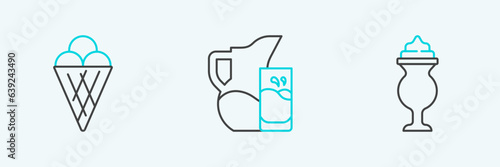 Set line Milkshake, Ice cream in waffle cone and jug or pitcher and glass icon. Vector