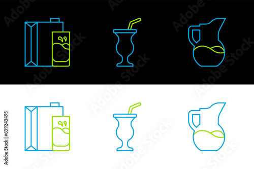 Set line Milk jug or pitcher, Paper package for milk and Milkshake icon. Vector